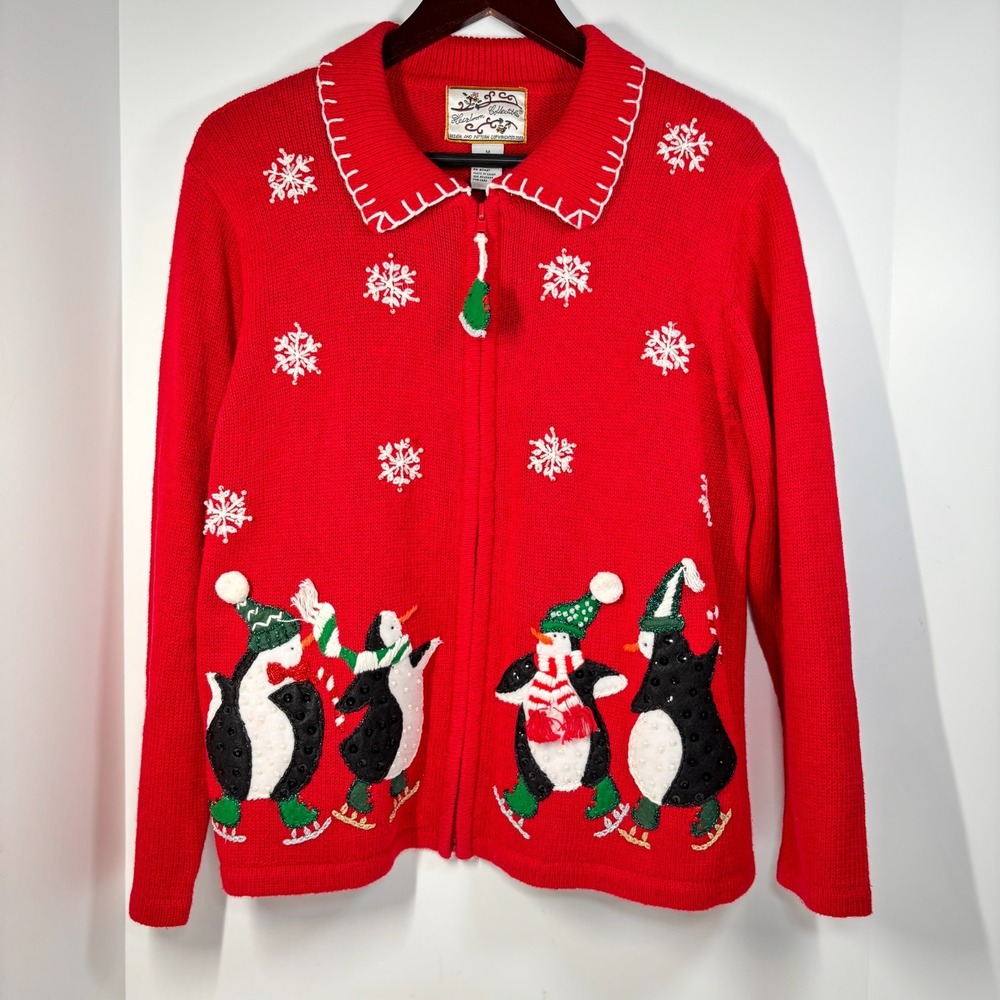 VTG 1990s Christmas Womens Cute Knit Sweater Red Snowflakes Penguins Size M US
